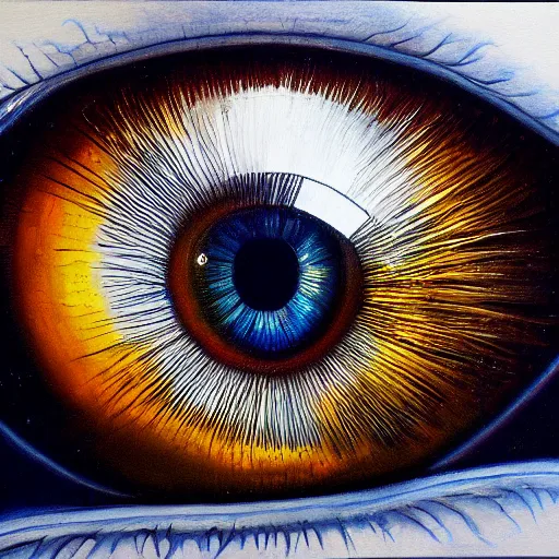 Image similar to a highly detailed photorealistic painting of a human eye with a reflection of outer space