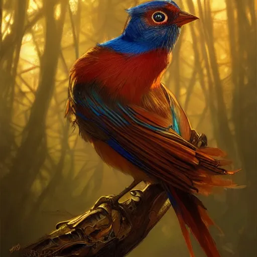 Image similar to colorful bird golden eyebrows, golden crown, dark, rusty, fantasy forest, highly detailed, realistic, artstation, concept art, smooth, sharp focus, illustration, art by artgerm and greg rutkowski and alphonse mucha