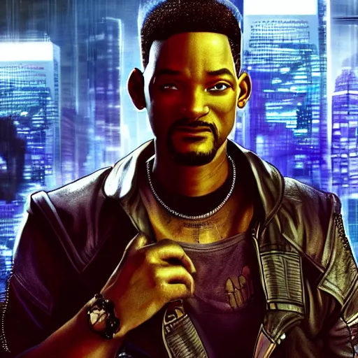 Image similar to cyberpunk will smith character art, epic background, epic composition, hdr, full body gauche painting, arcane art style