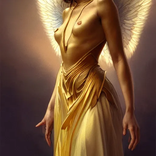 Image similar to wide angle full body portrait of an angel with a perfect face and perfect body, golden wings, intricate, highly detailed, digital painting, artstation, concept art, smooth, sharp focus, illustration, Unreal Engine 5, 8K, art by artgerm and greg rutkowski and alphonse mucha