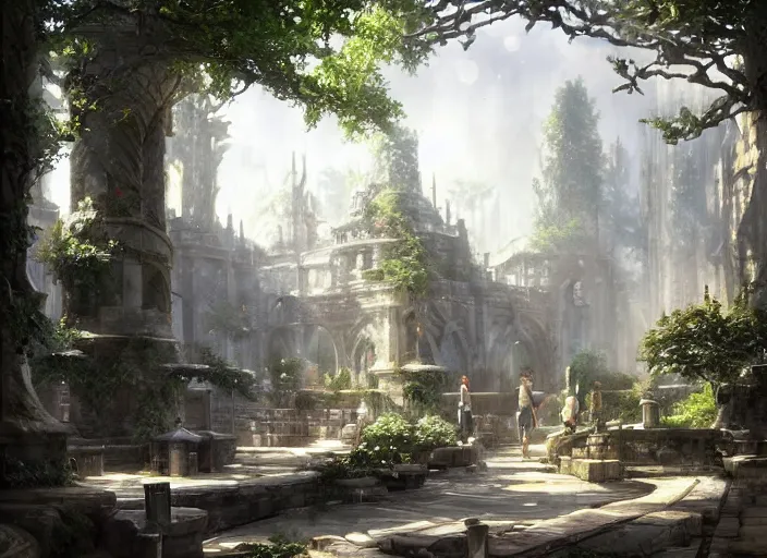 Prompt: Blacksmith inside a beautiful elven city made of white marble, anime, lush trees, fountain, a fantasy digital painting by Greg Rutkowski and James Gurney, trending on Artstation, highly detailed