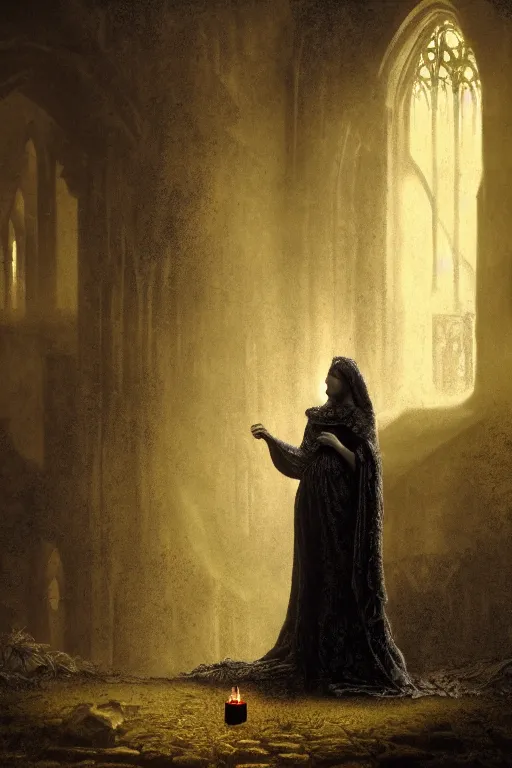 Image similar to baroque gothic woman, lit by a single candle, inside a ruined abbey, a crow watching, gustave dore, 4 k resolution, concept art, mist, autumnal, chiaroscuro,