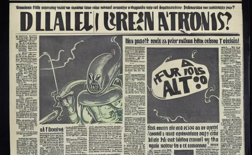 Prompt: 1 9 7 0 s newspaper front page, alien invasion