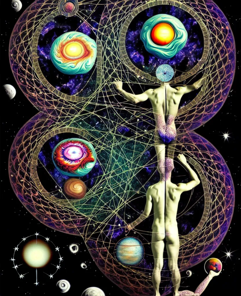 Image similar to inside the universe of a human body soul, whimsical uncanny creature alchemizes unique canto about'as above so below'being ignited by the spirit of haeckel and robert fludd, breakthrough is iminent, glory be to the magic within, to honor jupiter, surreal collage by ronny khalil