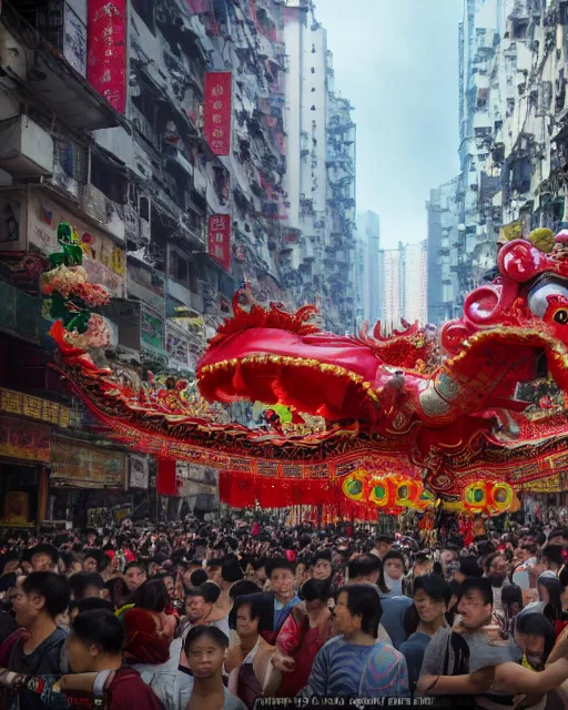 Image similar to chinese new year decoration, chinese new year parade, dragon float, monks, giant asian gods, crowd of people, street, poor buildings, hong kong buildings, kowloon, slums, cyberpunk, ghost in the shell, dramatic lighting, trending on Artstation, 8k, highly realistic, hyper detailed, unreal engine 5, IMAX quality, realistic, cinematic, epic lighting, realistic, Matte Painting, masterpiece,