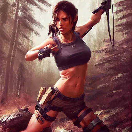 Image similar to photo of lara croft cuffed arrested by cops in a forest, 8 k, by greg rutkowski, artgerm,