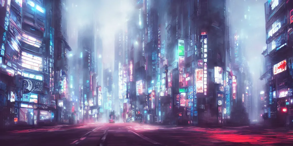 Image similar to Anime style Tokyo in fog, magic mist, cyberpunk buildings, digital concept art, cityscape, high resolution, trending on artstation, unreal engine