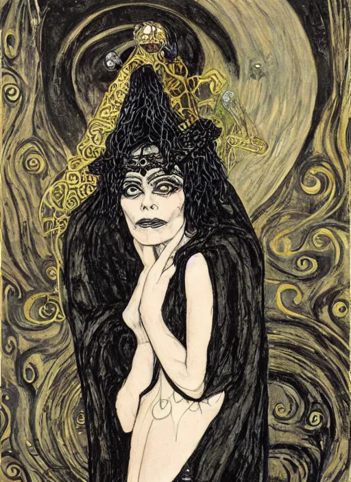 Image similar to painting of theda bara as a sorceress, wearing a black cloak, gothic, messy hair, in the styles of charles vess and gerald brom and gustav klimt