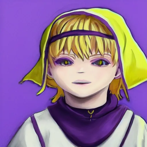 Image similar to little boy wearing nun outfit, blonde hair. purple and yellow color palate, detailed soft painting, made in abyss art style, anatomically correct