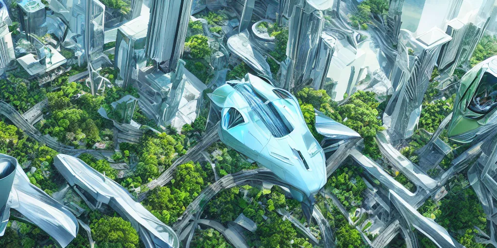 Prompt: A geometric verdant epic garden eden in a future megacity, large consistent skyscraper, birds in the sky, sci-fi, light blue sky with clouds, style of syd mead, flying consistent cars in the air, 4k, octane render, photorealistic, hyperrealism