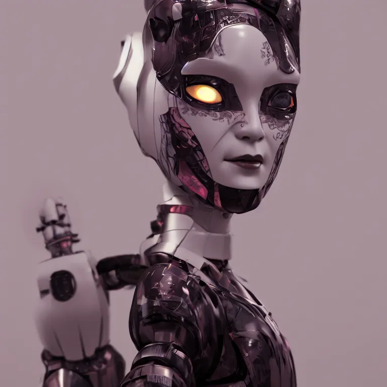 Prompt: japanese geisha robot android portrait, kabuki mask, ominous but beautiful, cybertech, in the style of ash thorp, beautiful, diffuse cinematic lighting, anamorphic lens, anamorphic lens flare, hyper real, intricate detail, octane renderer, unreal engine 5