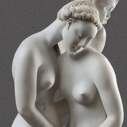 Image similar to sculpture of venus de milo and aphrodite hugging each other, hyperrealistic style in carrara marble