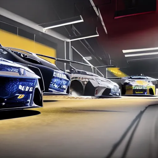 Image similar to cctv looking at a drift racing of diamond cars, gems, gold, bright colors ultrawide lens, details, studio lighting, realism, complex lights