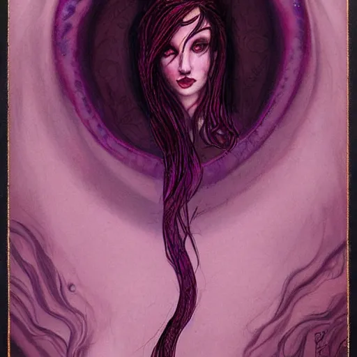Image similar to portrait of princess of the dreamlands and moon beast, beautiful! coherent! by brom, deep colors, red maroon purple pink black, strong lines, rule of thirds, head centered