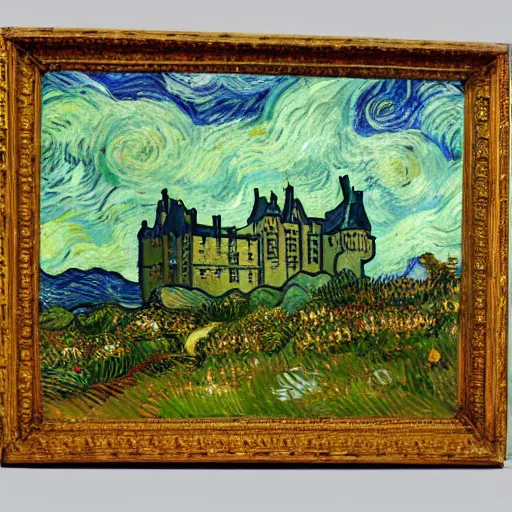 Image similar to a lovely scottish castle in a wide field, surrounded by flowers warm lighting in the style of Vincent Van gogh