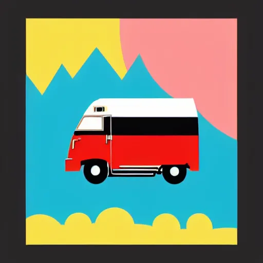 Image similar to minimal vector art sticker of a white and black cute thor chateau! motorhome camper!!, highway, mountains and colorful sunset!!, dramatic, warm bright colors, thick lines, very minimal vector art, sticker!! by tom whalen