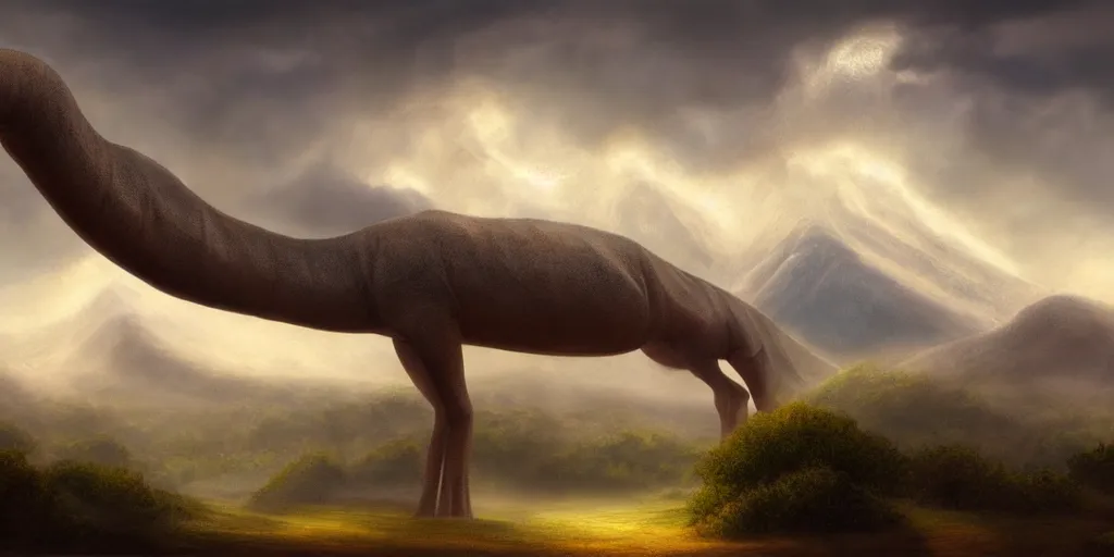 Image similar to a mystical mountain shaped as a diplodocus, clouds, digital illustration, james gurney, cinematic lighting, detailed, mysterious,
