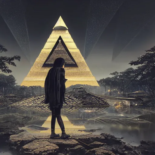 Image similar to mysterious metallic black pyramid in tokyo, reflective, by tom bagshaw and ilya kuvshinov, rtx rendering, octane render 1 2 8 k, maya, extreme high intricate details by wlop, digital anime art by ross tran, medium shot, composition by sana takeda, dramatic lighting by greg rutkowski