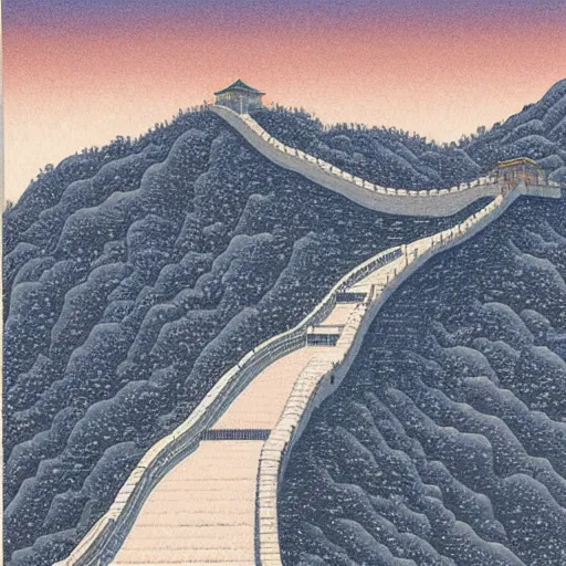 Prompt: The Great Wall, snowy day, Kawase Hasui