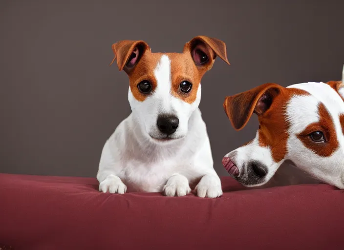 Image similar to photography of a Jack Russel . watching outside the window. on a bed. in a vintage room full of vinyls and posters.,volumetric light, photorealistic,, award winning photo, 100mm, sharp, high res