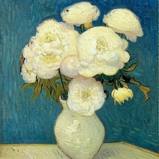 Prompt: atmospheric beautiful bouquet of white delicate peonies in the sunny room of his beloved wife, wang gogh wrote