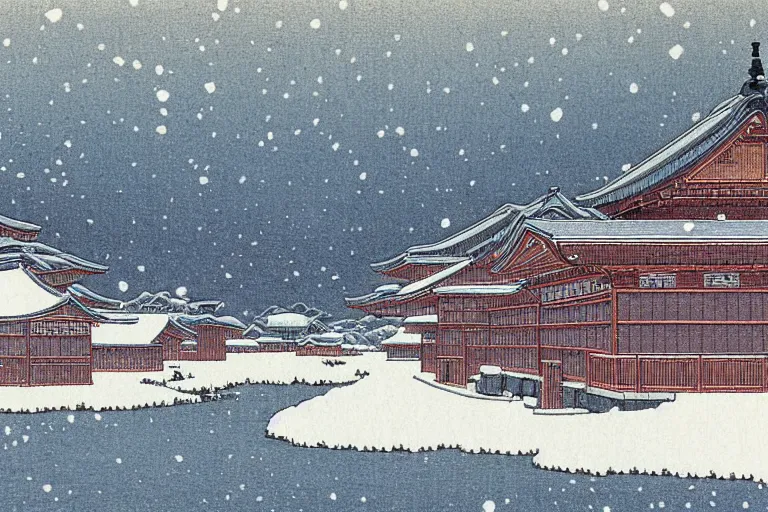 Prompt: Edo period,snowy day, Kawase Hasui