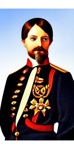 Prompt: young russian tsar. highly detailed. full body. oil paint.