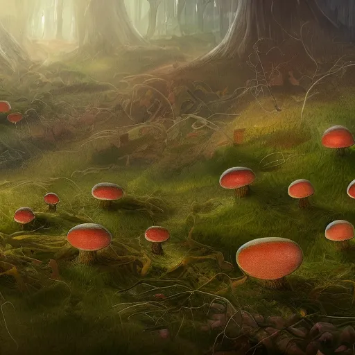 Image similar to mycelium like neural networks under plowed land, various exotic mushrooms grow on the ground, in the background there is a beautiful landscape, trending in ArtStation, 8k resolution