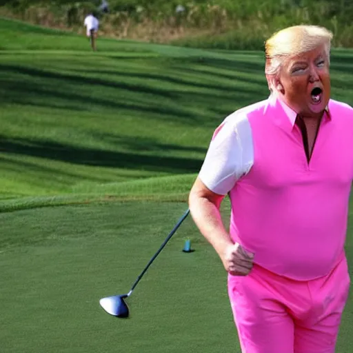 Prompt: donald trump wearing a pink mankini playing golf