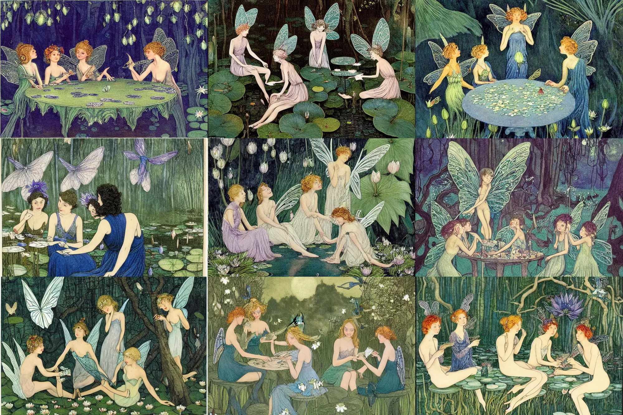Prompt: a group of gracious winged fairies playing cards!! on a table in an atmospheric moonlit forest next to a beautiful pond filled with water lilies, artwork by ida rentoul outhwaite, fairies have wings, detailed, anatomically correct bodies, realistic female faces