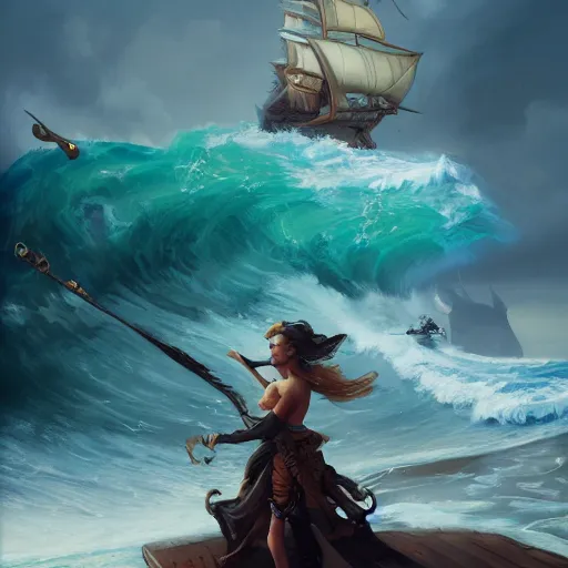 Prompt: a detailed concept art of a pirate against the background of pirate ship and giant wave , artstation, by Peter Mohrbacher, Art Nouveau, sophisticated, Unreal engine, intricate