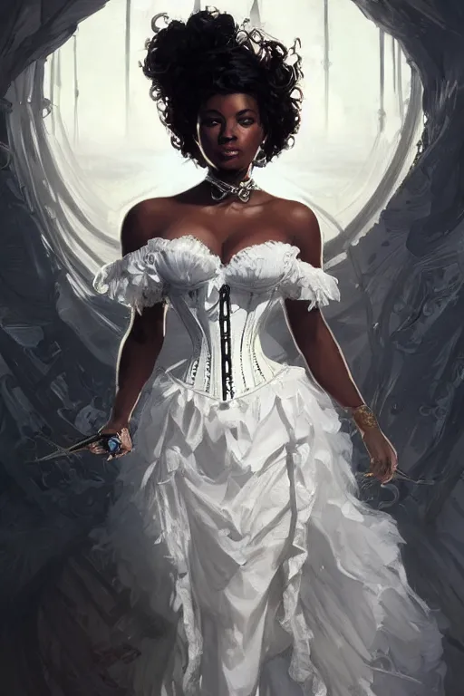 Image similar to cute black woman wearing a white corset dress, fantasy, intricate, highly detailed, digital painting, artstation, concept art, wallpaper, smooth, sharp focus, illustration, art by artgerm and greg rutkowski and alphonse mucha