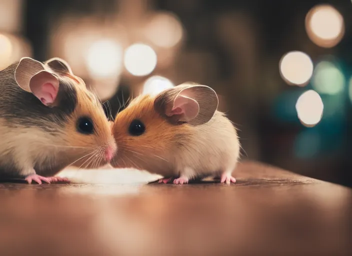 Image similar to photo of a hamsters on a date, kissing, at night, romantic, faded colors, candlelit restaurant table, cinematic color grading, various poses, soft light, centered, sharp focus, 8 k