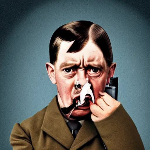 Image similar to photo of adolf hitler pointing a gun to his mouth while crying, before suicide, in the style of martin schoeller