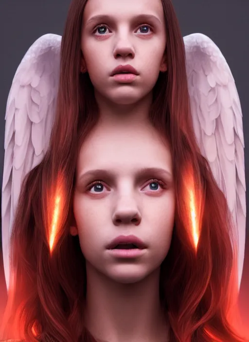 Image similar to portrait art of girl resembling millie bobby brown or alicia vikander as a redheaded angel, art by alessio albi 8 k ultra realistic, angel wings, lens flare, atmosphere, glow, detailed, intricate, full of colour, led lighting, trending on artstation, 4 k, hyperrealistic, focused, extreme details, unreal engine 5, masterpiece