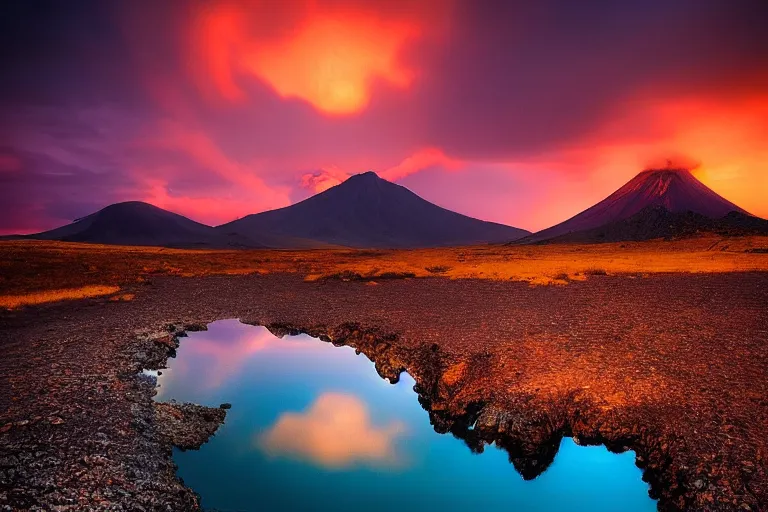 Image similar to amazing landscape photo of volcanic mountains with an eagle and lake in sunset by marc adamus beautiful dramatic lighting