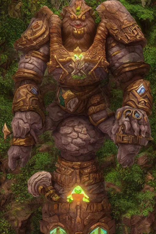 Image similar to zelda fantasy art giant golem troll wood rock greeble gemstone, global illumination ray tracing hdr fanart arstation by sung choi and eric pfeiffer and gabriel garza and casper konefal