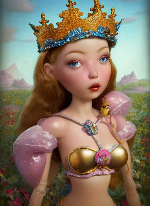 Image similar to highly detailed closeup, profile portrait of a tin toy fairytale princess wearing a crown, bikini, unreal engine, nicoletta ceccoli, mark ryden, earl norem, lostfish, global illumination, detailed and intricate environment