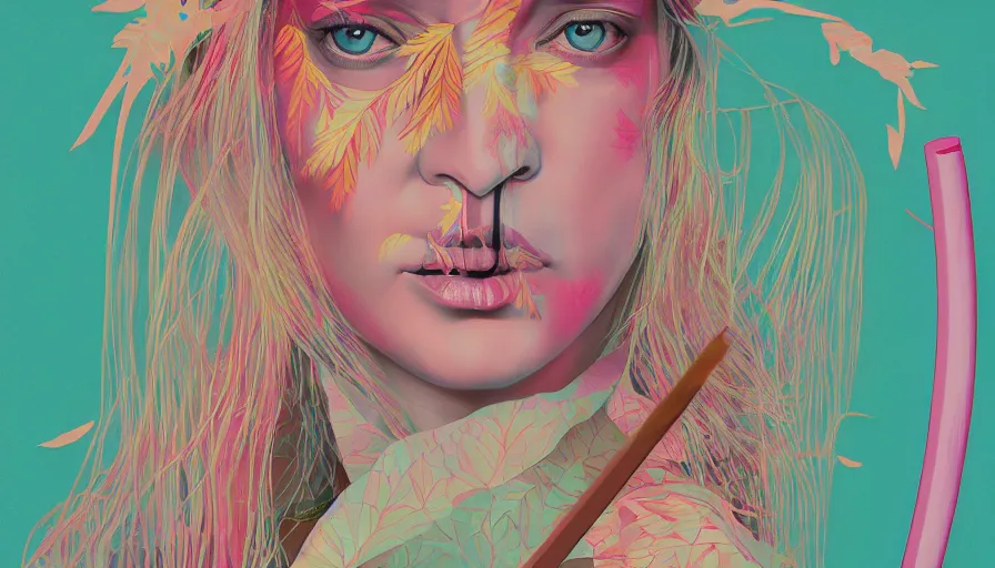 Prompt: breathtaking detailed pattern pastel colors of uma thurman ( kill bill ) with katana and autumn leaves, by hsiao - ron cheng, bizarre compositions, exquisite detail, enhanced eye detail