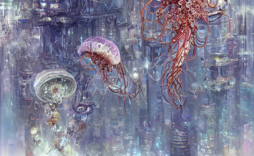 Image similar to Cyborg biomechanical jellyfish city. By Konstantin Razumov, highly detailded