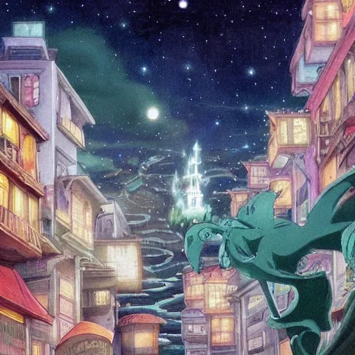 Prompt: spirited away detailed city at night, galaxy in the sky, landscape, art in style of magic the gathering n - 5