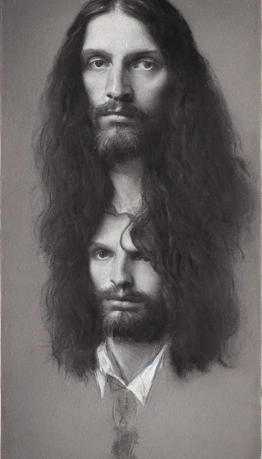 Image similar to a painting of a man with long hair, a portrait by Robert Lenkiewicz, cg society, pre-raphaelitism, da vinci, studio portrait, oil on canvas