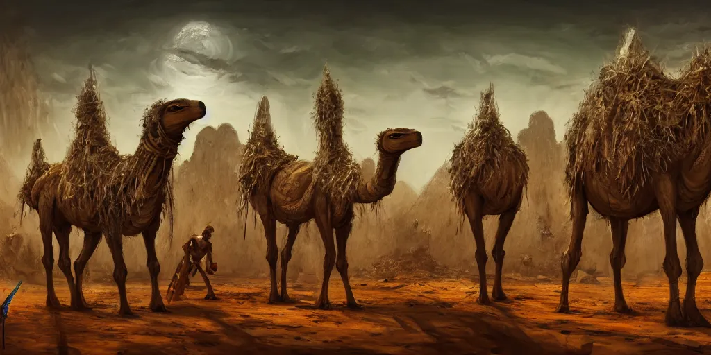 Image similar to bipedal humanoid dromedary as village merchants, temple city, caves of qud, matte oil painting, cathedral, retrofuturistic, concept art, science fantasy, post - apocalyptic, mutant, rpg, epic, rust, salt, plants, dungeons & dragons, toxic, sharp focus, award - winning, extremely detailed, 4 k, 8 k