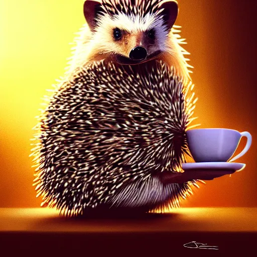 Prompt: hedgehog drinking coffee reading a paper, amazing, beautiful, perfect eyes, full body shot, portrait, vivid colors, elegant, concept art, sharp focus, digital art, Hyper-realistic, 4K, Unreal Engine, Highly Detailed, HD, Dramatic Lighting by Brom, trending on Artstation