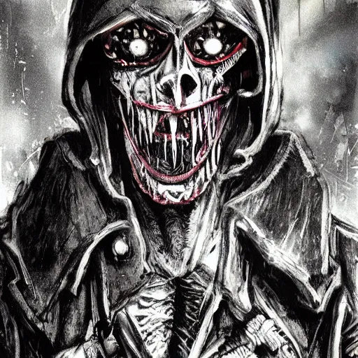 Prompt: a terrifying portrait of judge death as a nazi ss soldier in a cyberpunk city by bill sienkiewicz, extremely hyperdetailed, extreme photorealism, eerie low lighting, disturbing evil atmosphere, mixed media illustration, masterpiece, horror, long fangs and claws, intricate, highly detailed, 8 k, artstation, concept art, smooth, sharp focus, full color illustration