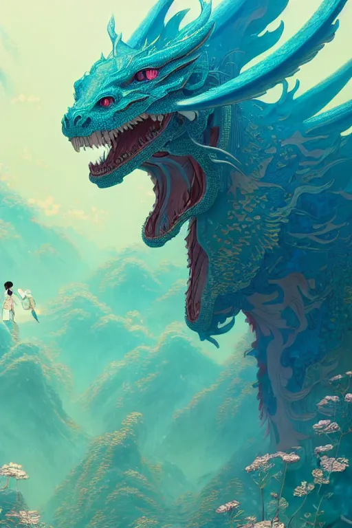 Image similar to a beautiful hyperdetailed character design 4 k wallpaper illustration of a huge cyan dragon, victo ngai style, from china, style of studio ghibli, makoto shinkai, raphael lacoste, louis comfort tiffany, denoise, deblurring, artgerm, xision, james jean, ross tran, chinese style