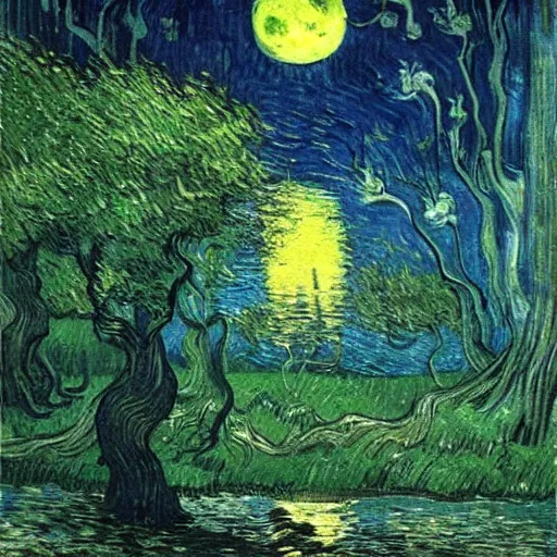 Image similar to highly realistic scenic painting of a towering misty dark fantasy forest surrounding a pond, a rusalka sits on the roots of an ancient tree looking up at the moon, spooky fog, looming trees, beautiful fantasy painting hd, painting by van gogh