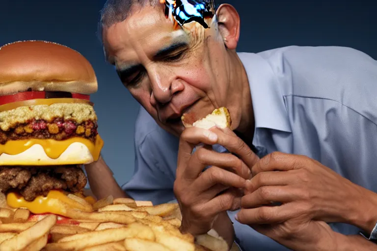Image similar to obama eating a cheeseburger at the end of the world, high detailed, high resolution, 8k, hd, cinematic lighting