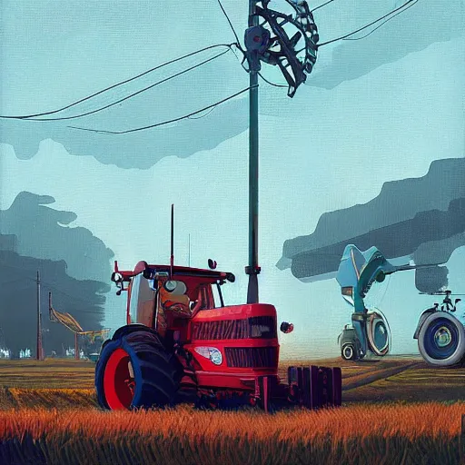 Prompt: farm tractors revolution, machine revolution, art by simon stalenhag