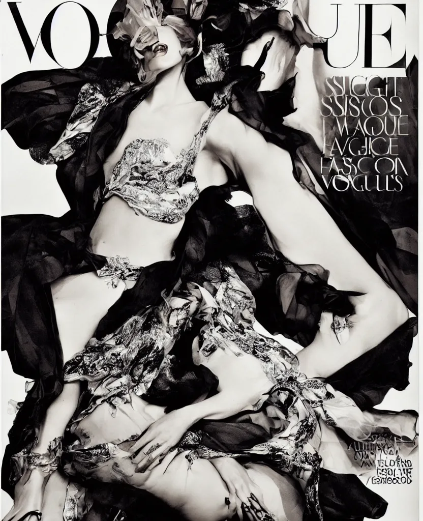 Prompt: vogue magazine cover issue fashion studio lighting, graphic design, couture, dramatic pose, Richard avedon photo